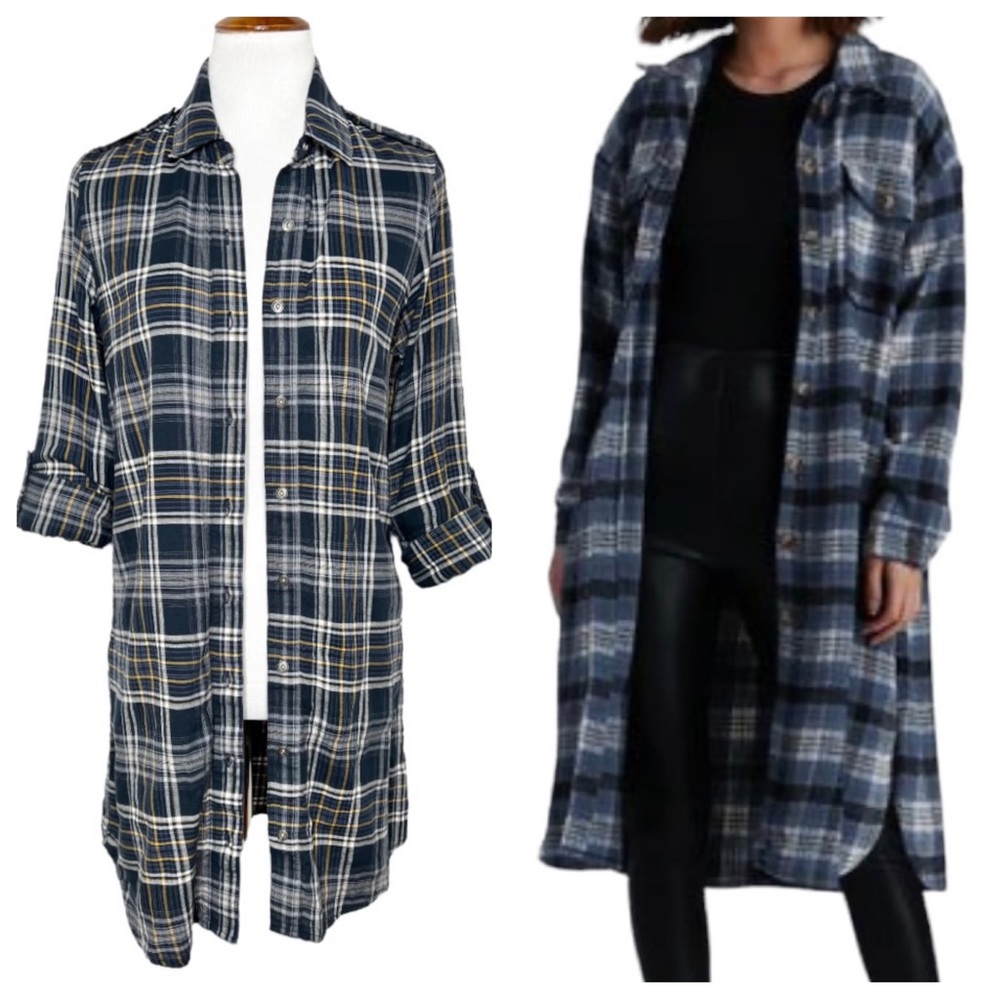 Sam Edelman Navy Blue Plaid Shirtdress, Maxi Shirt, Maxi Top, Cardi, Duster - Picture 11 of 14